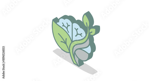 Stylized brain with leaves growing out of it, symbolizing eco-friendly thinking and sustainability.