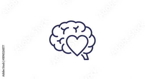 Simple line drawing of a brain with a heart inside, symbolizing love and thought.