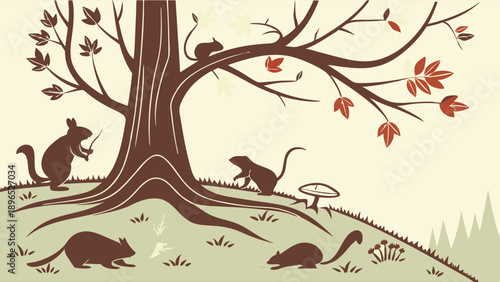 Charming Autumn Forest Scene with Silhouettes of Squirrels and Mice Gathering Food Near Tree Roots for Seasonal Wildlife Illustration