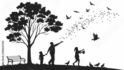 Family Feeding Birds in Park Silhouette Father Child Girl Joyful Outdoor Scene for Lifestyle Design Projects