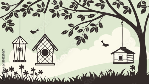 Rustic Birdhouses Hanging from Tree Branches Silhouette for Spring Garden Design and Nature Websites