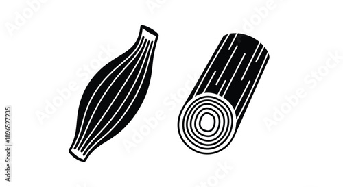 Two food items a pear and a log in black silhouette