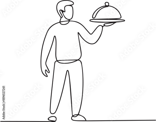 Man holding serving dish with covered platter in simple line art style