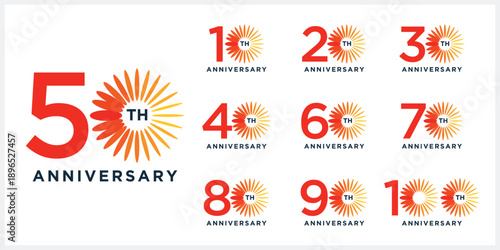 Collection of unique anniversary logo design. Celebration days special vector, firework sunlight symbol icon concept, 10 to 100 logo graphic icon	
