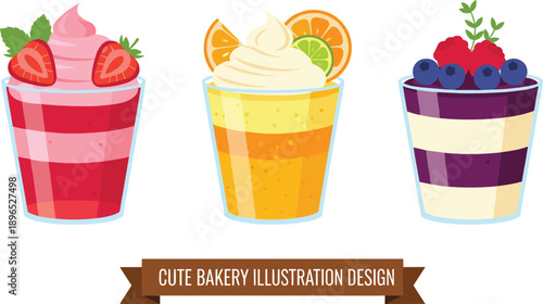 Cute Bakery Dessert Cups with Strawberry Citrus and Blueberry Layers Flat Vector Illustration Design