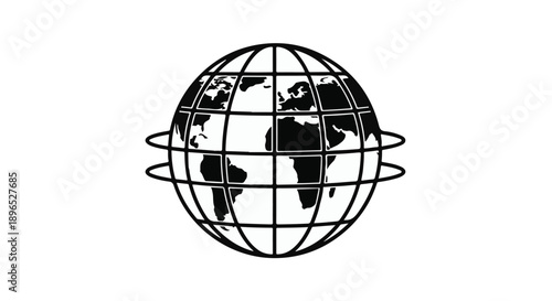 Simple black and white illustration of a globe with grid lines