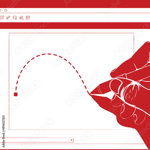 Hand drawing a red curved line on a digital canvas using a stylus with precision and creative flair