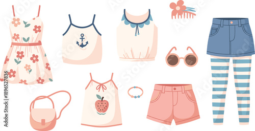 Cute Girls Summer Outfit Collection with Dress Tops Shorts and Accessories Flat Vector Illustration Set
