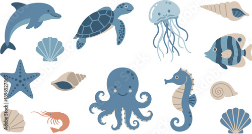 Cute Marine Animals Collection with Dolphin Turtle Octopus Jellyfish and Sea Creatures Flat Vector Illustration Set