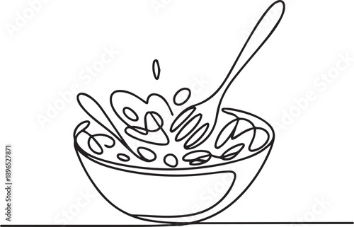 Continuous line drawing of spoon stirring cereal in bowl