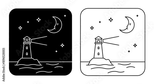 Night lighthouse moon stars seascape illustration Vector