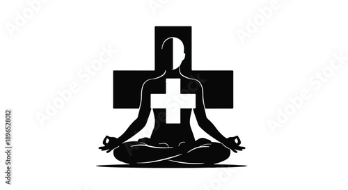 Serene woman meditating with a medical cross symbol behind her