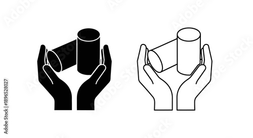 Hands holding cylinders black white illustration Vector