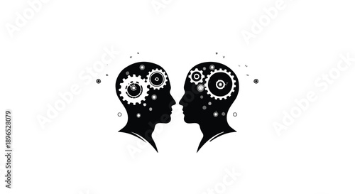 Two people facing each other with gears in their heads