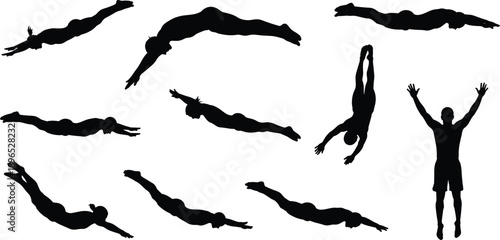 Diving athlete silhouette set swimming jump poses isolated on white background water sport action illustration collection