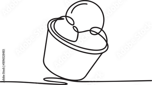 A bucket tipping over with a ball falling out viewed from the side in a simple line drawing