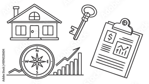Real estate investment concept - in trendy line style, line icons set, media, website, blog, content, web icon set, Vector illustration