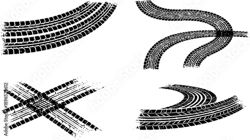 Tire tread marks after skidding, launch, drift, powerslide in motorsport, rally, off-road, motocross. Wheel texture with splash effect. Vector, transparent background EPS version.
