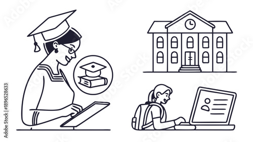 Student engaging in online education - in trendy line style, line icons set, media, website, blog, content, web icon set, Vector illustration