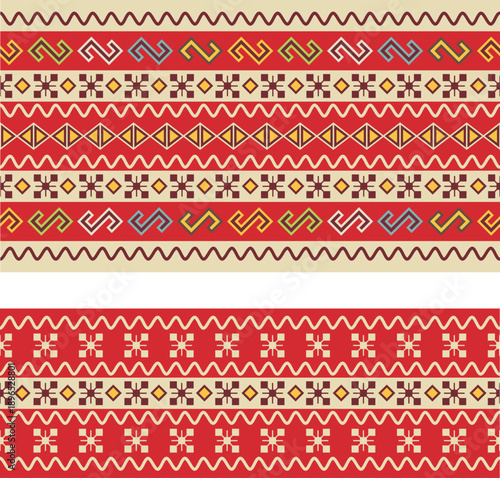 Traditional Slavic, Balkan, Bulgarian decorative frieze seamless vector series. Colorful ornamental motifs for folklore costume, clothing, textile, embroidery, damask, knitting, Christmas patterns.