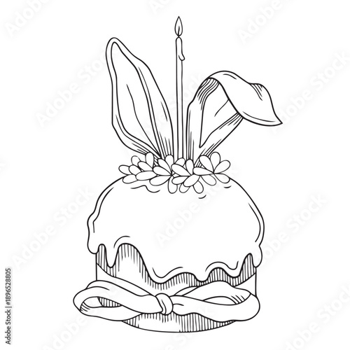Hand-drawn illustration of Easter cake with bunny ears and candle in graphic detailed sketch style on white background