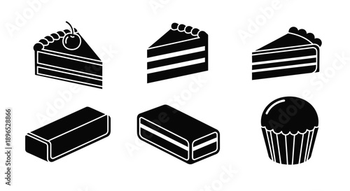 Various dessert items including cake pie and chocolate in black silhouette