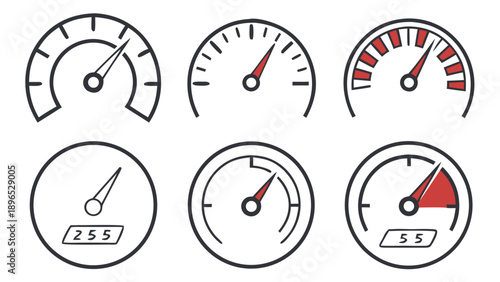 Set of six speedometer gauges - in trendy line style, line icons set, media, website, blog, content, web icon set, Vector illustration