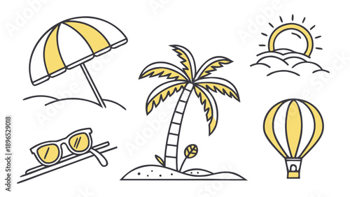 Tropical beach vacation icons - in trendy line style, line icons set, media, website, blog, content, web icon set, Vector illustration
