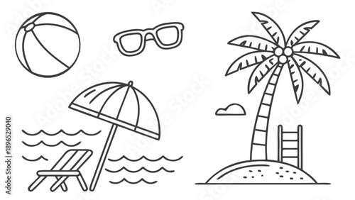 Relaxing beach scene - in trendy line style, line icons set, media, website, blog, content, web icon set, Vector illustration