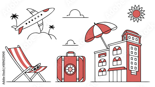 Illustrations of travel and leisure - in trendy line style, line icons set, media, website, blog, content, web icon set, Vector illustration
