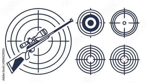 Rifle aiming at target with various sights - in trendy line style, line icons set, media, website, blog, content, web icon set, Vector illustration