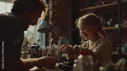 Crafting Moments: A tender scene unfolds as a father and child share a moment of creation, engaged in a hands-on activity of building and exploration, against the backdrop of an inspiring workshop.