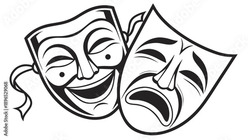 Theater masks of tragedy and comedy - in trendy line style, line icons set, media, website, blog, content, web icon set, Vector illustration