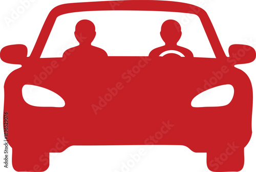Front view of a red car with two passengers inside on the road