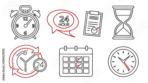 Various time management tools - in trendy line style, line icons set, media, website, blog, content, web icon set, Vector illustration