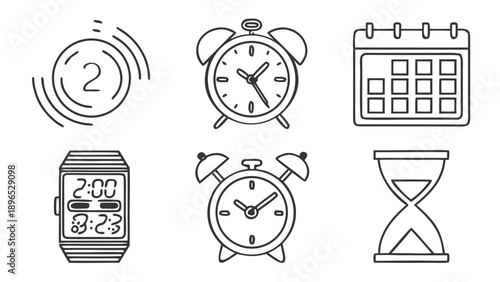 Various timekeeping devices - in trendy line style, line icons set, media, website, blog, content, web icon set, Vector illustration