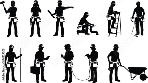 Construction, Worker, Silhouette, Labor, Tool, Task, Manual, Equipment, Site, Activity, Pose, Hardhat, Icon, Graphic, Build, Work, Design, Figure, Job, Illustration