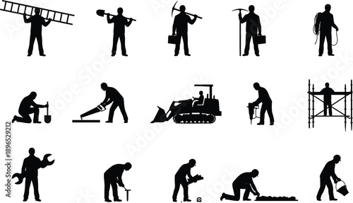 Construction, Worker, Silhouette, Labor, Tool, Task, Job, Manual, Equipment, Site, Activity, Pose, Black, Icon, Graphic, Industry, Build, Work, Design, Illustration