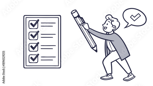 Person checking off list - in trendy line style, line icons set, media, website, blog, content, web icon set, Vector illustration