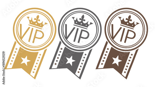 Set of vip badges in gold, silver, and bronze - in trendy line style, line icons set, media, website, blog, content, web icon set, Vector illustration
