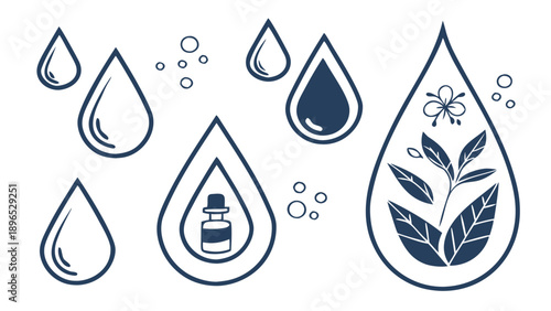 Illustration of water drops and essential oils - in trendy line style, line icons set, media, website, blog, content, web icon set, Vector illustration