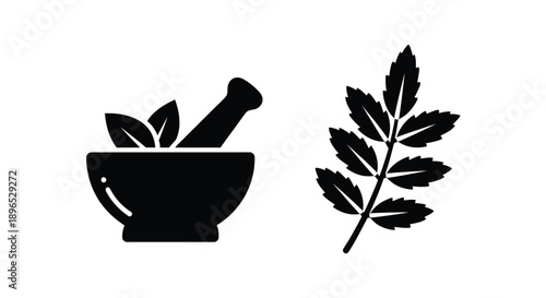 Mortar pestle and leaf design in a striking black silhouette