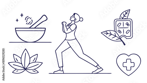 Holistic health and wellness practices - in trendy line style, line icons set, media, website, blog, content, web icon set, Vector illustration