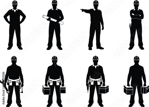 Construction, Worker, Silhouette, Tool, Hardhat, Labor, Role, Pose, Icon, Graphic, Manual, Job, Equipment, Task, Industrial, Build, Design, Figure, Work, Illustration
