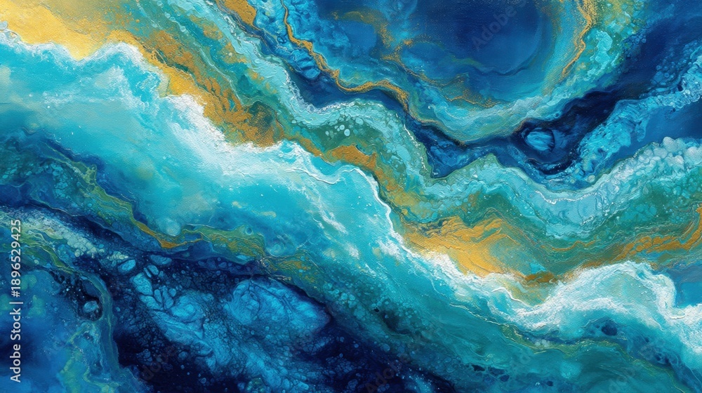 Fototapeta premium Abstract ocean-inspired blue and gold fluid art painting.