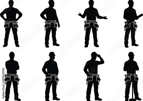 Construction, Worker, Silhouette, Toolbelt, Hardhat, Labor, Pose, Icon, Graphic, Manual, Job, Equipment, Task, Industrial, Build, Design, Figure, Work, Attire, Illustration
