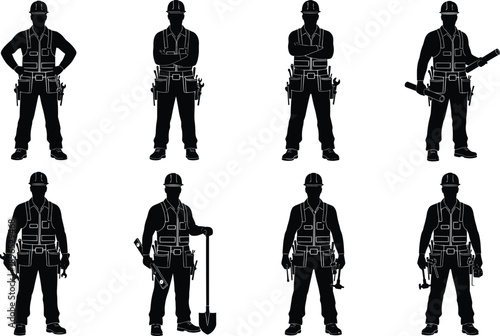 Construction, Worker, Silhouette, Toolbelt, Helmet, Labor, Pose, Equipment, Task, Manual, Icon, Graphic, Industrial, Build, Design, Figure, Work, Attire, Safety, Illustration
