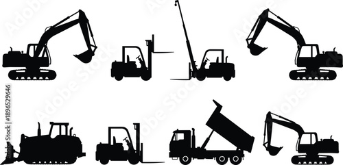 Excavator, Forklift, Bulldozer, Dumptruck, Telehandler, Vehicle, Silhouette, Machinery, Industrial, Construction, Equipment, Icon, Graphic, Heavy, Transport