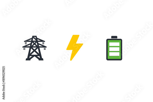 Icons represent power transmission, electricity, and battery storage in an energy theme for technology and sustainability projects in various sectors and industries