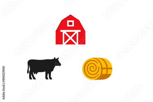 Farm scene with a barn, cow, and hay bale during a sunny day on a rural landscape